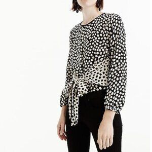 J. Crew Tie Front Silk Blouse Pebble Print Black White Long Sleeve